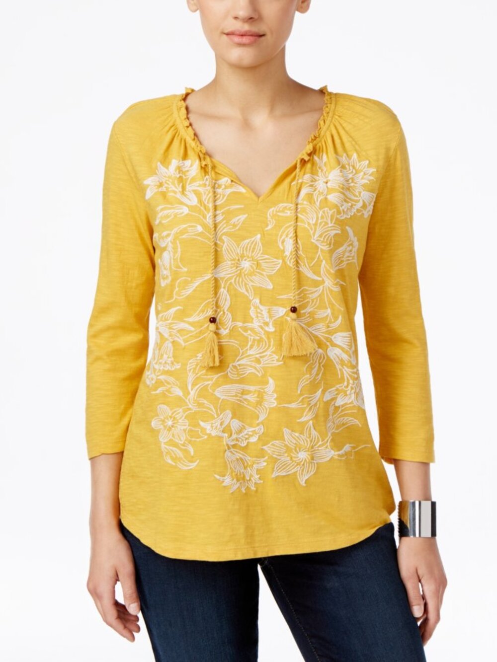 Style & Co. Womens Petite Embroidered Peasant Top
